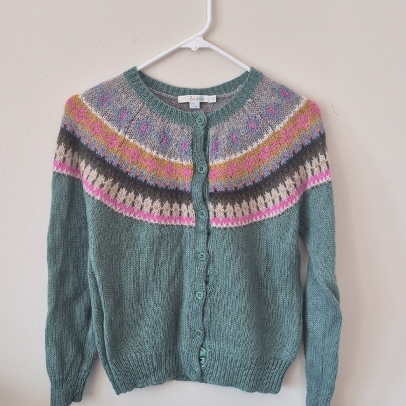 Boden Sweaters - Boden Teal Green Fair Isle Cardigan with Pink and Yellow Accents